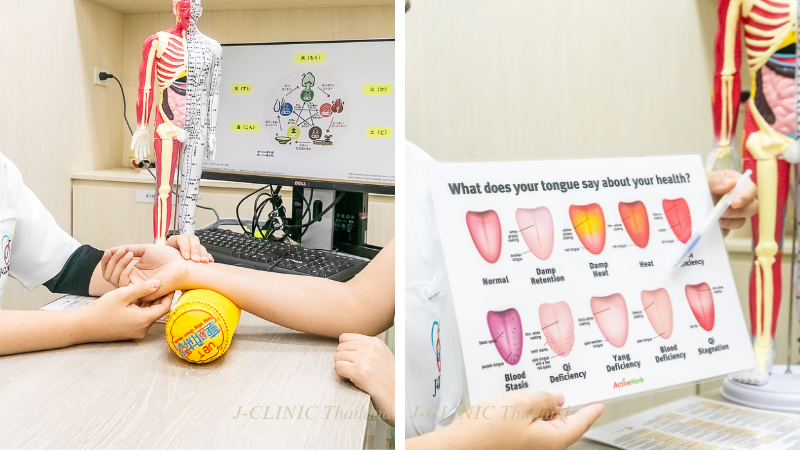 脈診している写真と、舌の診断説明用のイラスト