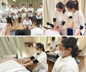 セラピストがうつ伏せになっている人の骨盤のわきあたりをマッサージしている