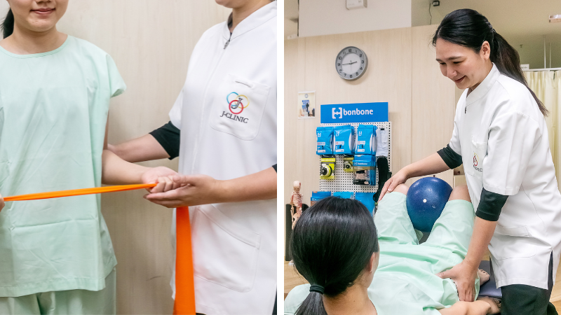 体幹トレーニングをしている患者様とそれをサポートする理学療法士