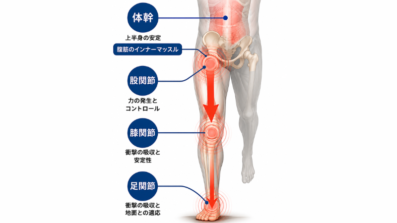 体幹・股関節・膝・足首の連動を示した図。足首、股関節、体幹の機能向上が膝への負担軽減につながることを説明している。