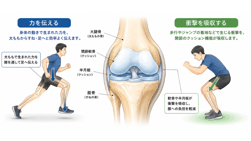 膝関節が力を伝え、衝撃を吸収する役割を示した図。関節軟骨と半月板によるクッション機能を解説している。