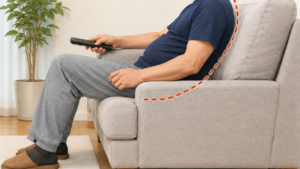 ソファに浅く座って、テレビのリモコンをもっている中年男性