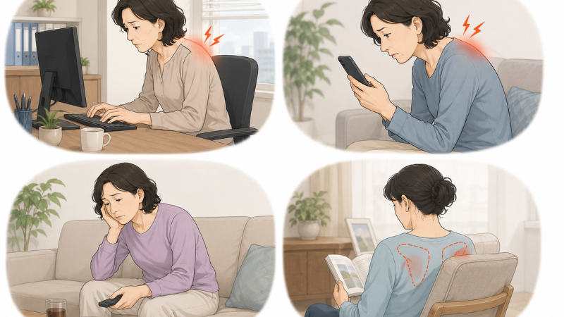 デスクワーク・スマホ・運動不足・肩甲骨を動かさない生活をしている女性のイラスト