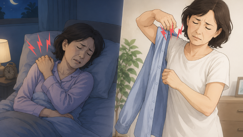 夜ベッドで右肩を痛そうに抑える女性と、シャツを着るときに肩が痛そうな女性