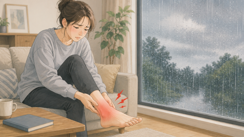 雨の日にソファへ座り、昔の足首の捻挫による古傷の痛みで足首を押さえる女性のイラスト。天候の変化で古傷に違和感や痛みが出る様子を表現。