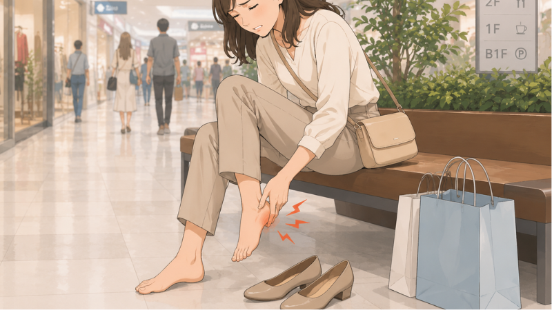 ショッピングモールで長時間歩いた後、ベンチに座ってかかとを押さえる女性のイラスト