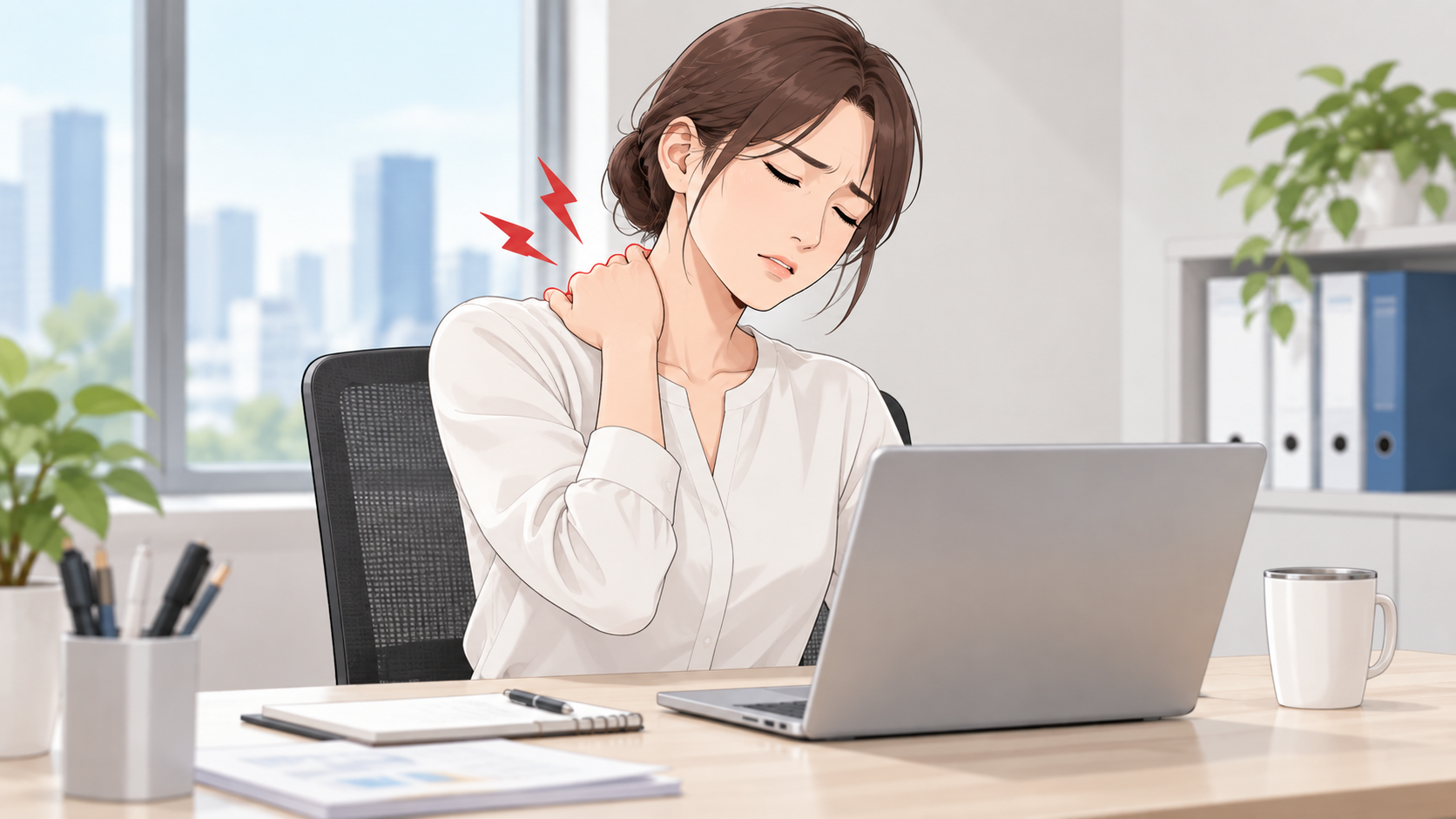 デスクワークをしながら、右肩を痛そうに抑える女性