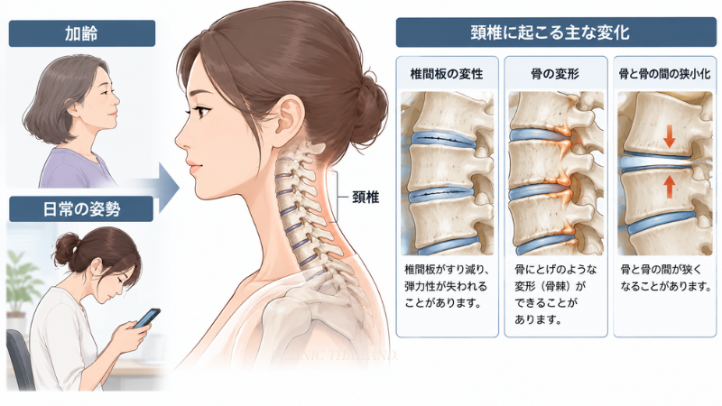 加齢や日常の姿勢による頚椎の変化と、椎間板の変性・骨の変形・骨と骨の間の狭小化を示したイラスト