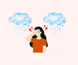 雨と雲の下で頭をいたそうにしている女性のイラスト