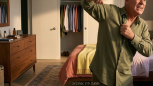 肩を痛そうにシャツを着る男性