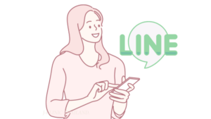 スマホをもっている女性と、LINEと書いてある吹き出し