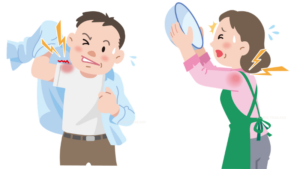 シャツを着るとき肩が痛そうな男性と、食器を片付ける時肩が痛そうな女子
