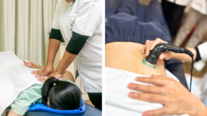 背中のマッサージをしているセラピストと背中に超音波治療機を当てているセラピスト