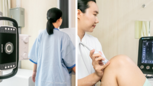 レントゲン検査を受けている患者の背中とエコー検査をしているセラピスト