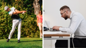Golfer swinging on a course and office worker with poor posture at a desk, illustrating strain from golf and desk work