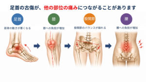 フットサル中に足首を押さえて痛みを訴える男性。足首の古傷をかばい続けることで、膝や股関節、腰など他の部位へ負担が広がることを表現したイメージ画像。