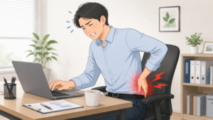 デスクワーク中に腰の痛みを感じ、腰を押さえている男性のイラスト