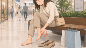 ショッピングモールで長時間歩いた後、ベンチに座ってかかとを押さえる女性のイラスト